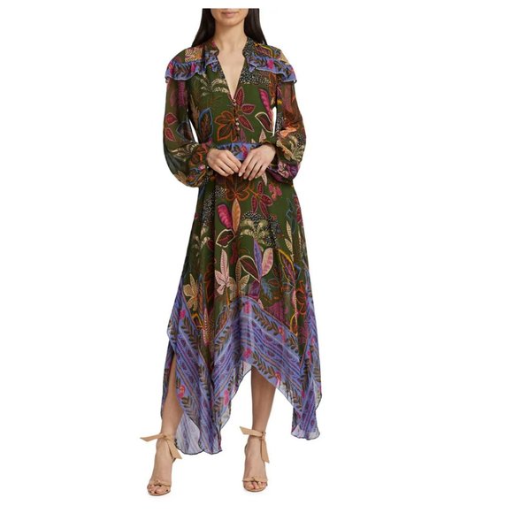 Farm Rio Wild Jungle Handkerchief Midi-Dress XS - Picture 1 of 5